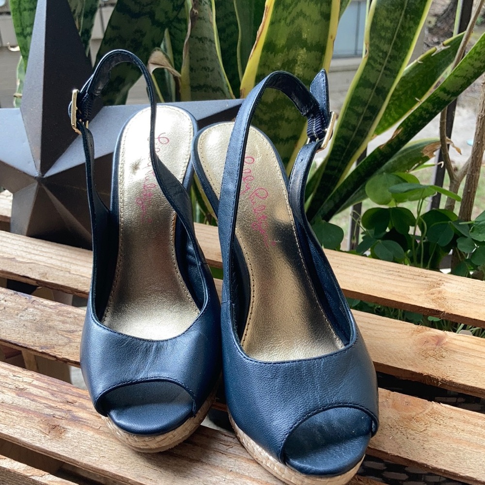LILLY PULITZER | Kristin Slingback Navy Blue Wedge Espadrilles Sandal| 6M